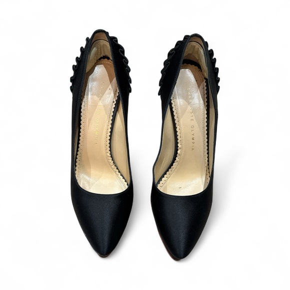 Charlotte Olympia Fan Pleated Paloma Pumps in Black Satin